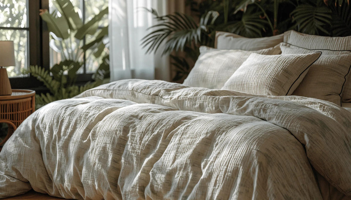 Eco-friendly bamboo sheets on a luxurious bed in a serene, naturally lit bedroom