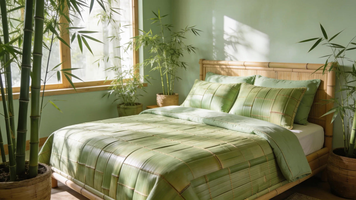 Luxurious bamboo bedding in a cozy bedroom, highlighting eco-friendly attributes