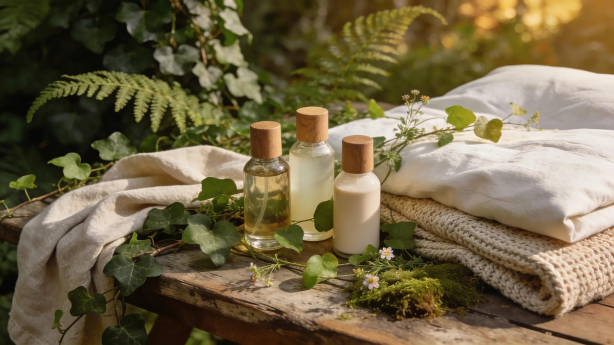 Eco-friendly skincare and bedding products surrounded by natural elements, representing sustainable living.